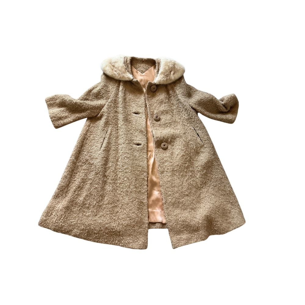 The Pearsalls California Vintage Boucle Swing Coat Faux Fur Collar Tan Camel